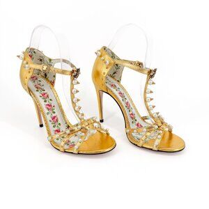 Gucci Regina Metallic Gold Pearl Studded T-Strap Heels Bee GG Size 37.5 US 7.5